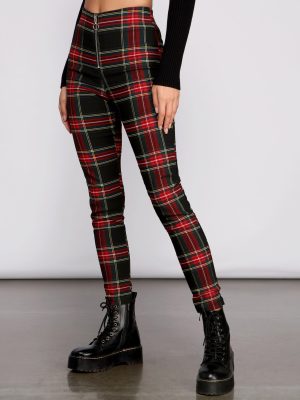 High Waist Plaid Zip Front Pants