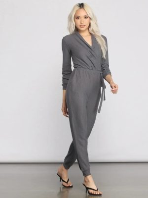 Cozy and Chic Ribbed Surplice Jogger Jumpsuit