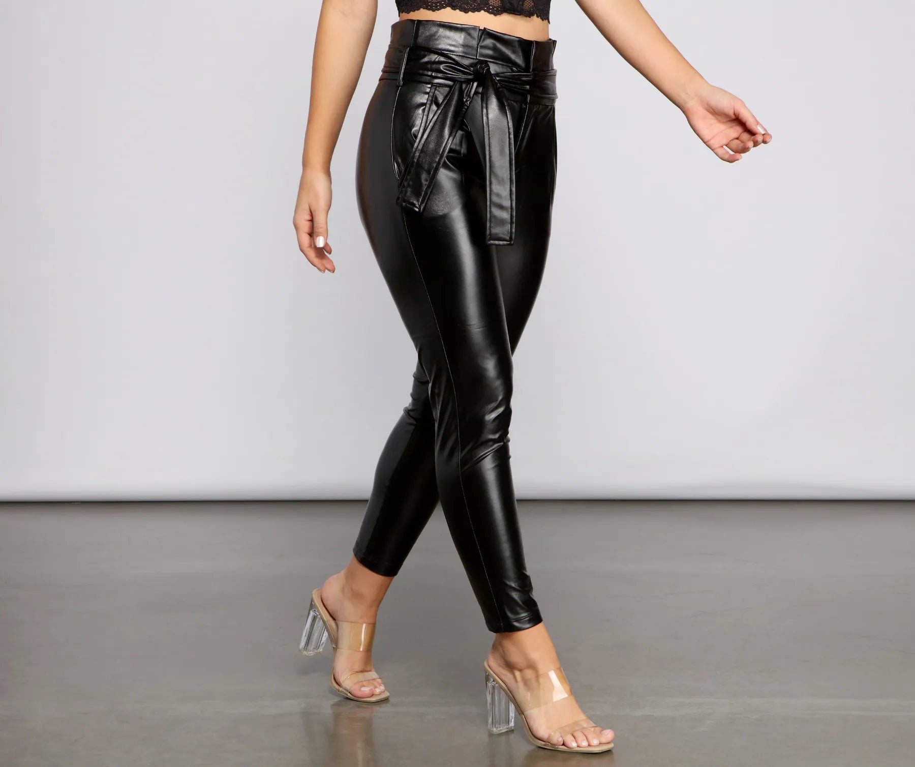 High Waist Faux Leather Paperbag Pants - Image 4