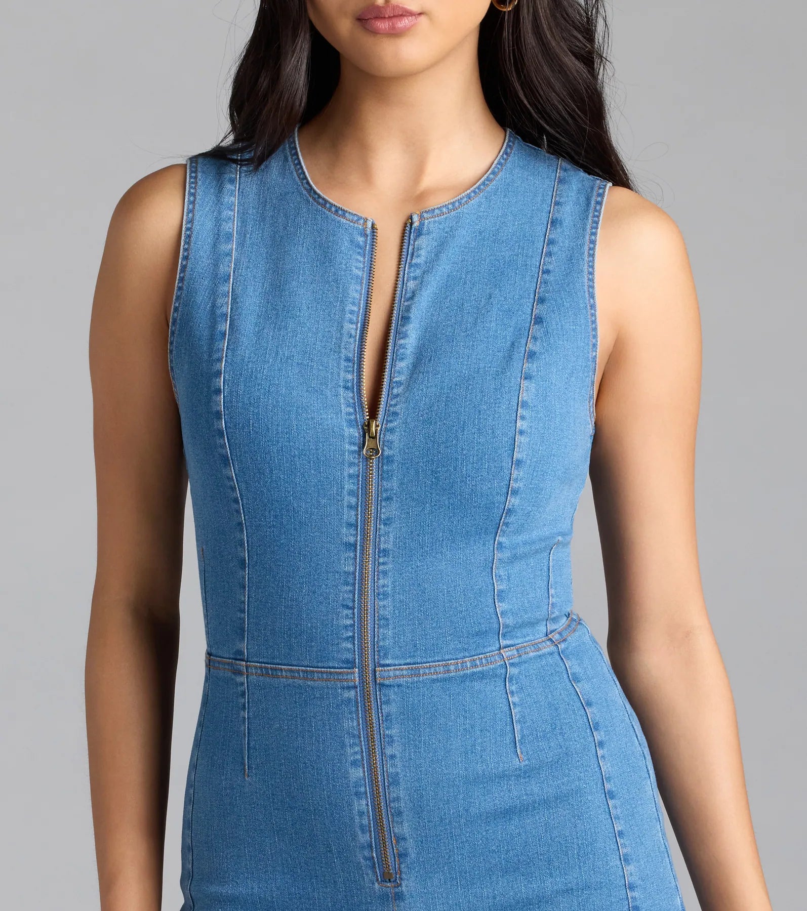 Doing The Most Sleeveless Zip-Up Denim Romper - Image 4
