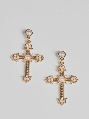 Blessed All Day Faux Pearl Cross Earrings