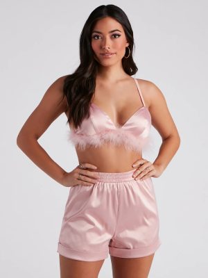 Flirtatious Satin Feather Trim Pajama Set