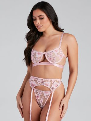 Floral Escape Mesh Bra And Panty Garter Set