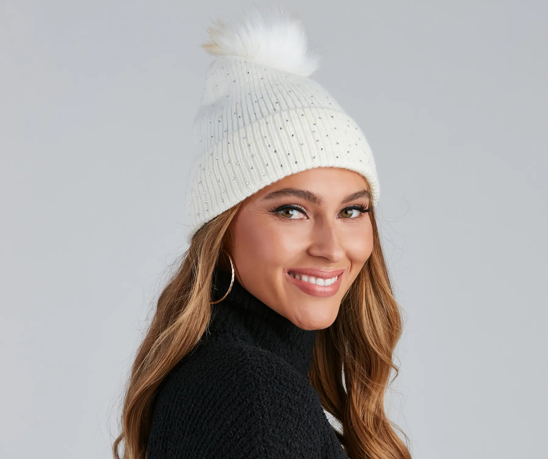 Winter Beauty Rhinestone Pom Beanie - Image 2