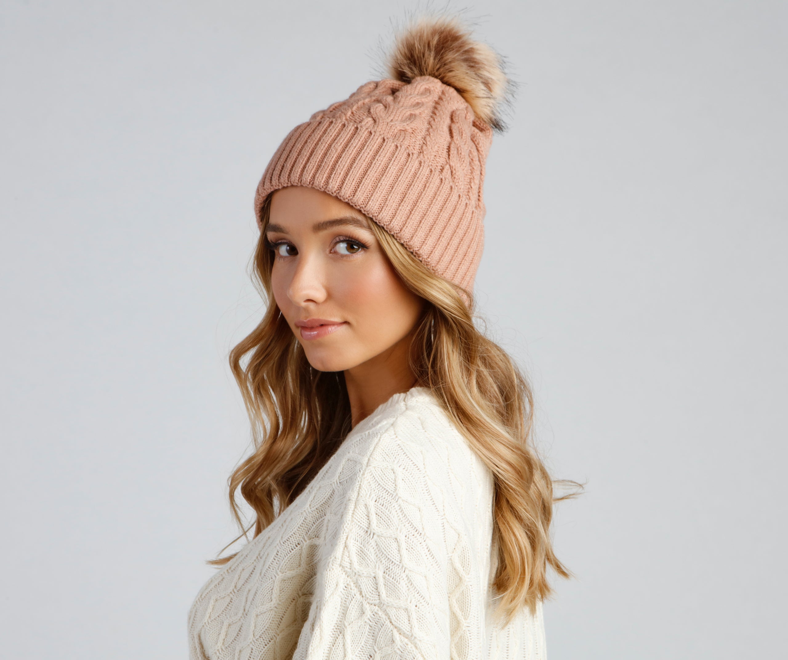 Winter Ready Pom Cable Knit Beanie - Image 2