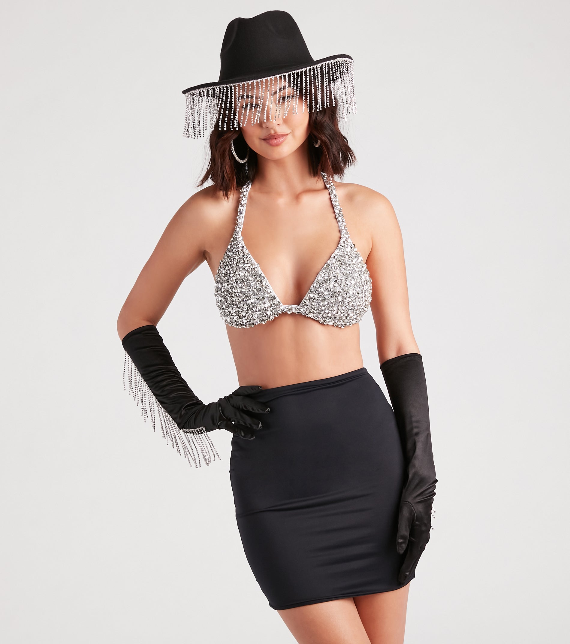 Such A Showstopper Rhinestone Fringe Satin Gloves - Image 3