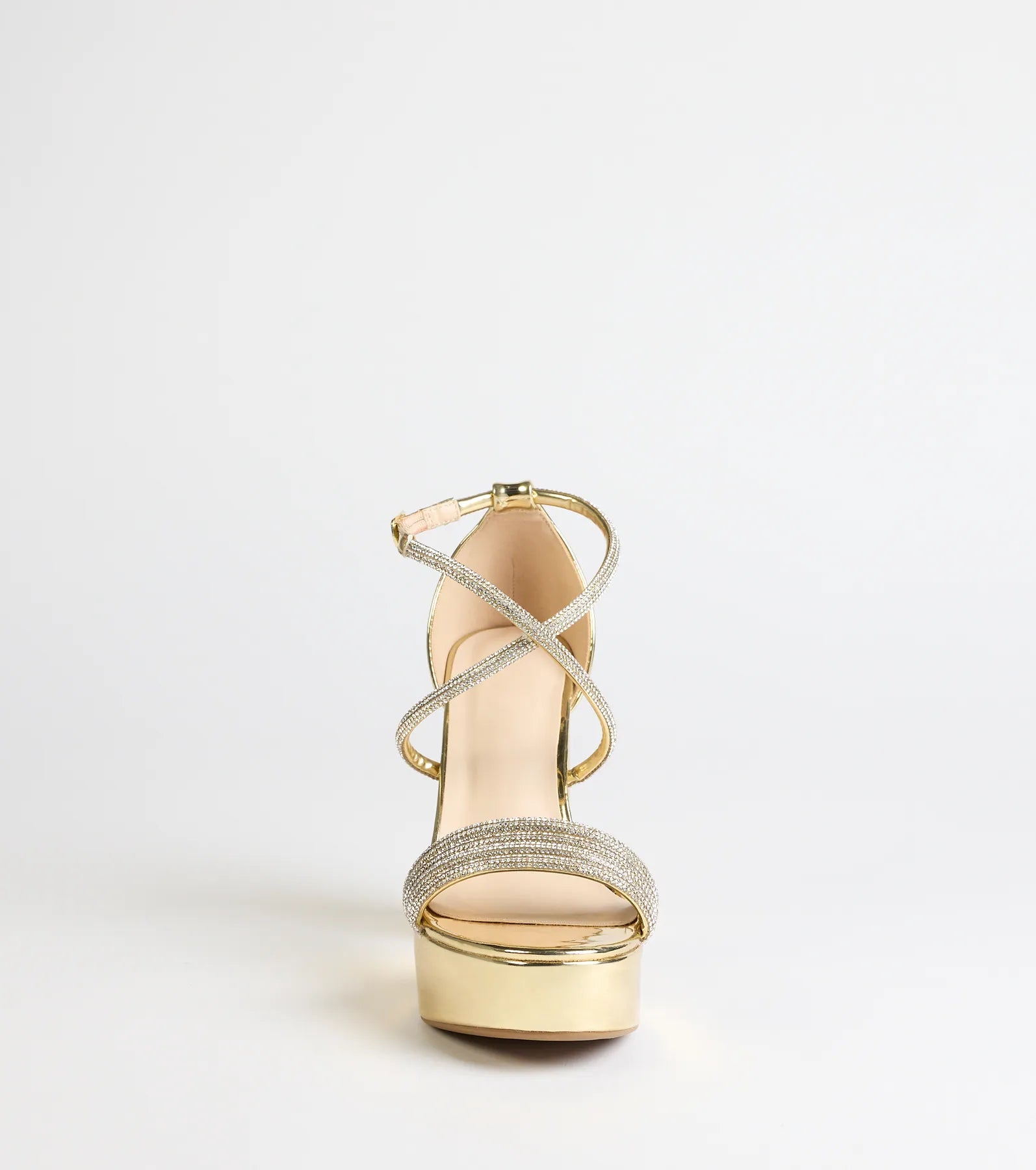 Glam Sheen Rhinestone Strappy Platform Heels - Image 3