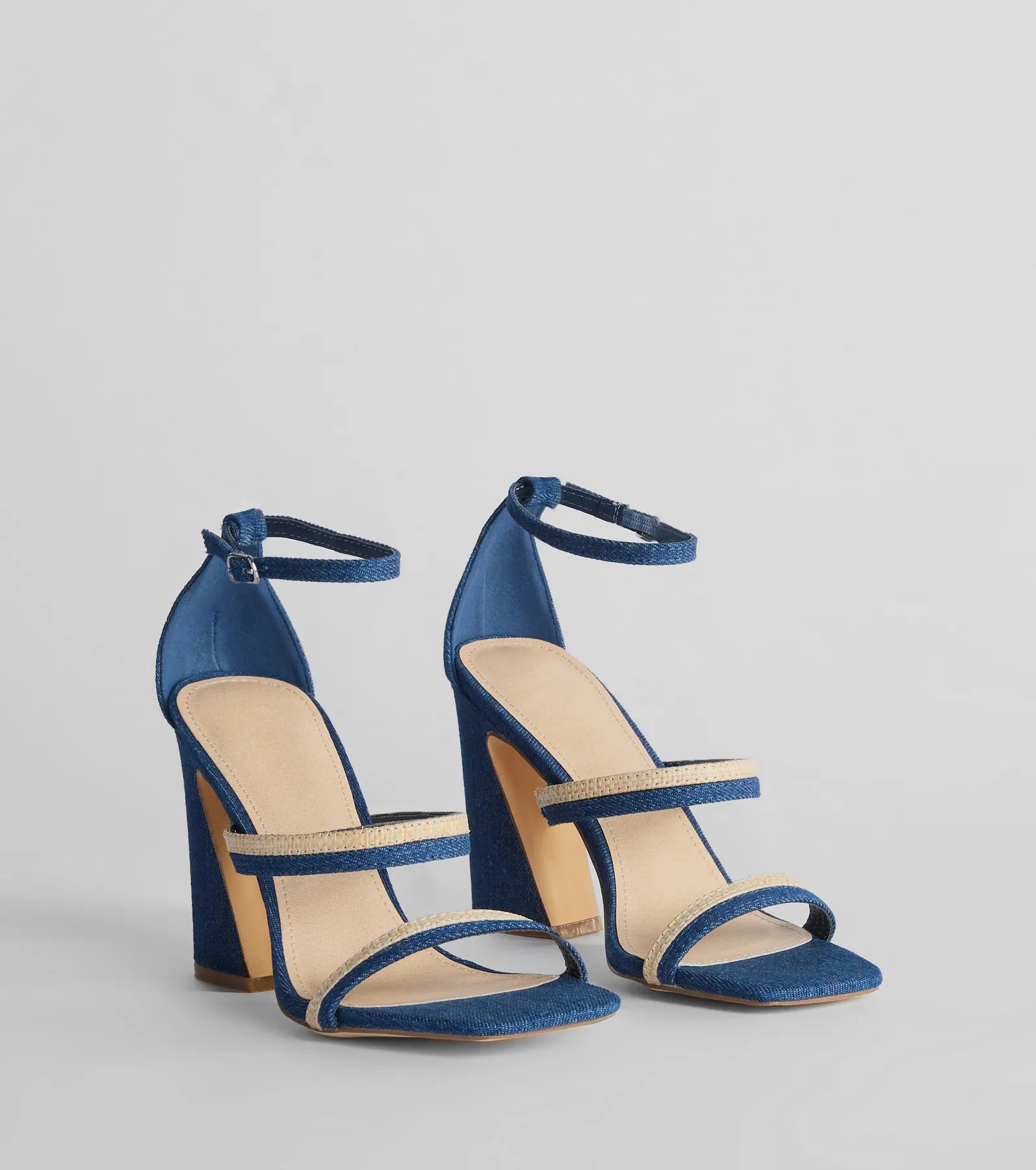 Sunshine Check Strappy Straw Denim Block Heels - Image 5