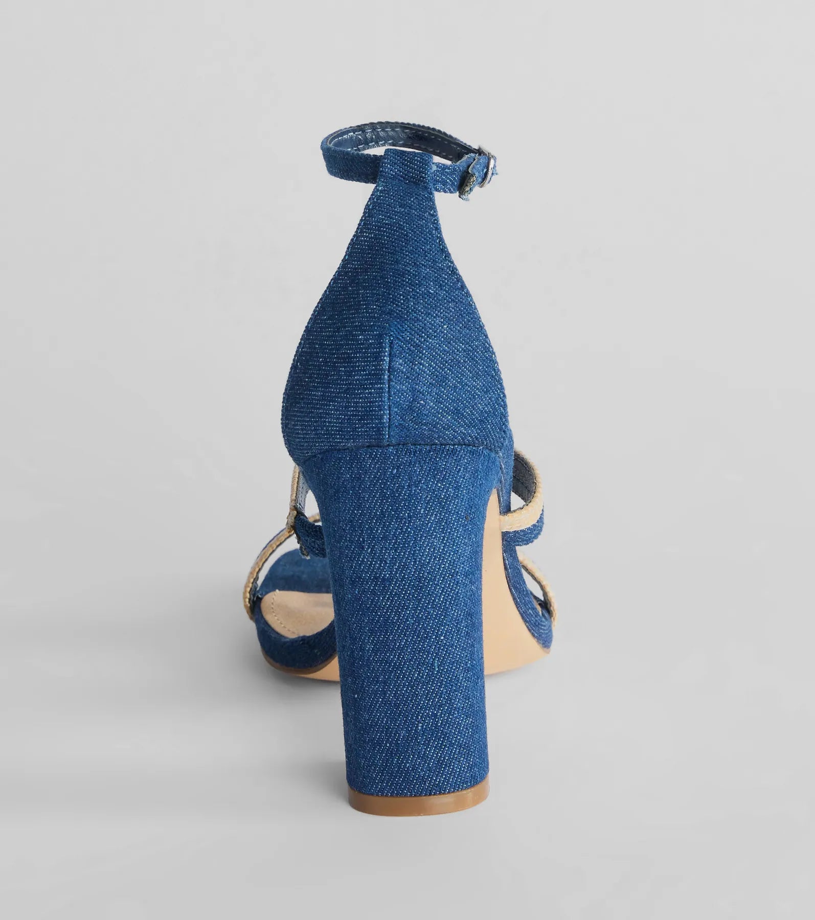 Sunshine Check Strappy Straw Denim Block Heels - Image 7