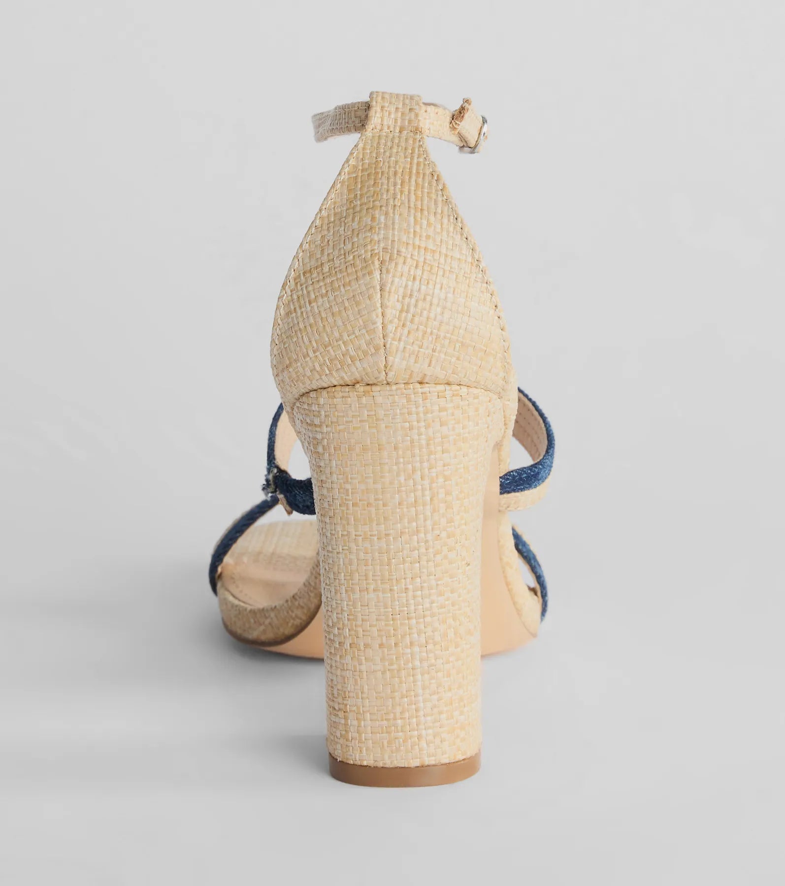 Sunshine Check Strappy Straw Denim Block Heels - Image 4