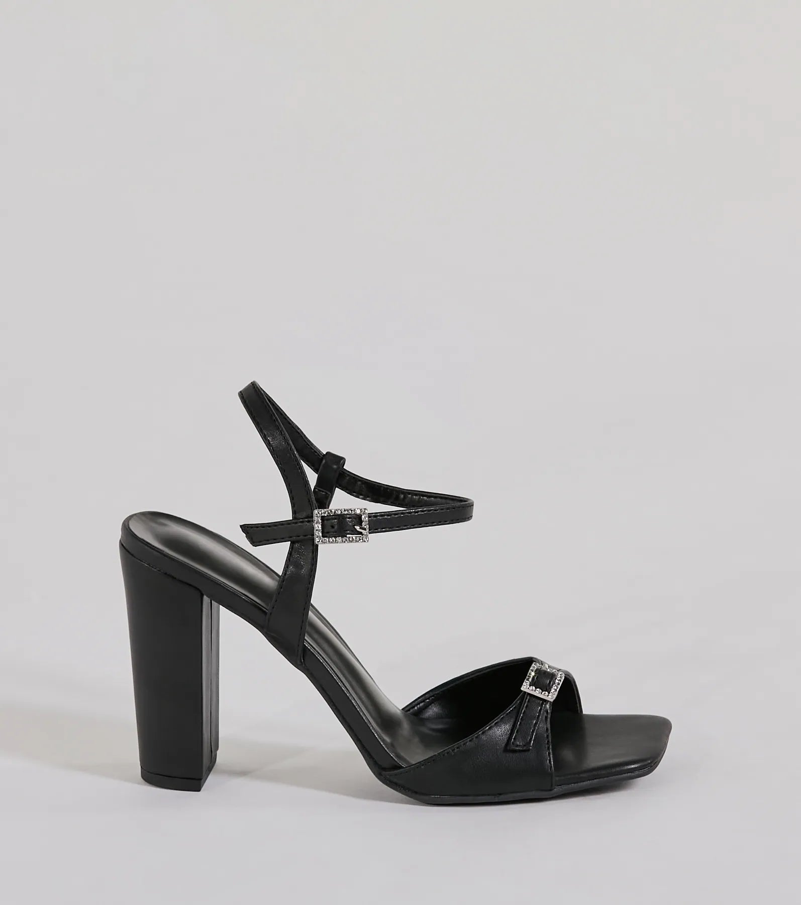 Midnight Glam Rhinestone Buckle Patent Block Heels - Image 2