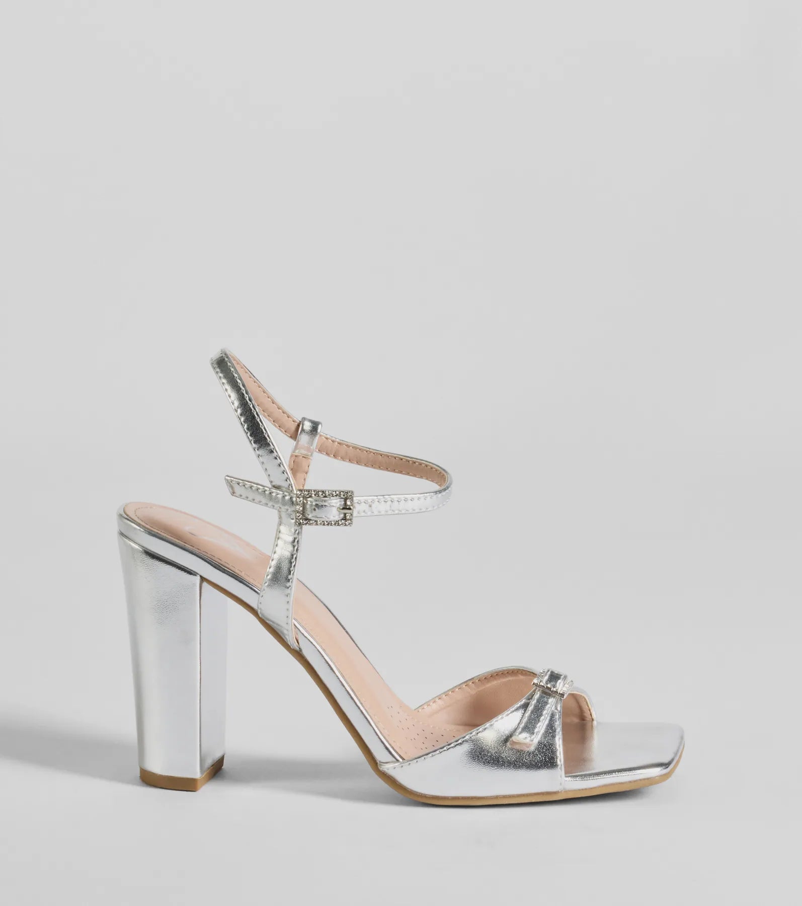 Party Moves Rhinestone Buckle Metallic Block Heels - Image 2