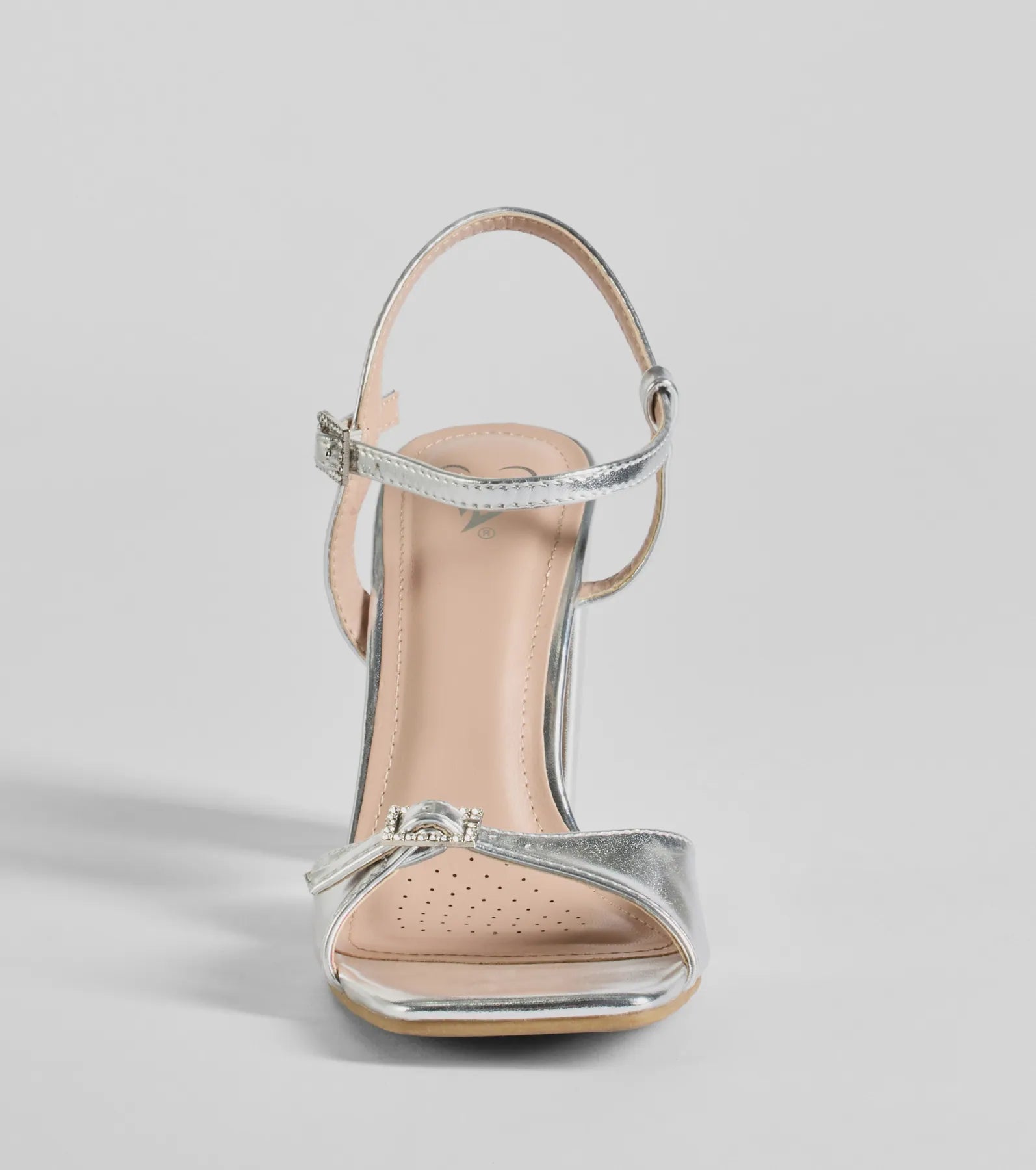 Party Moves Rhinestone Buckle Metallic Block Heels - Image 3