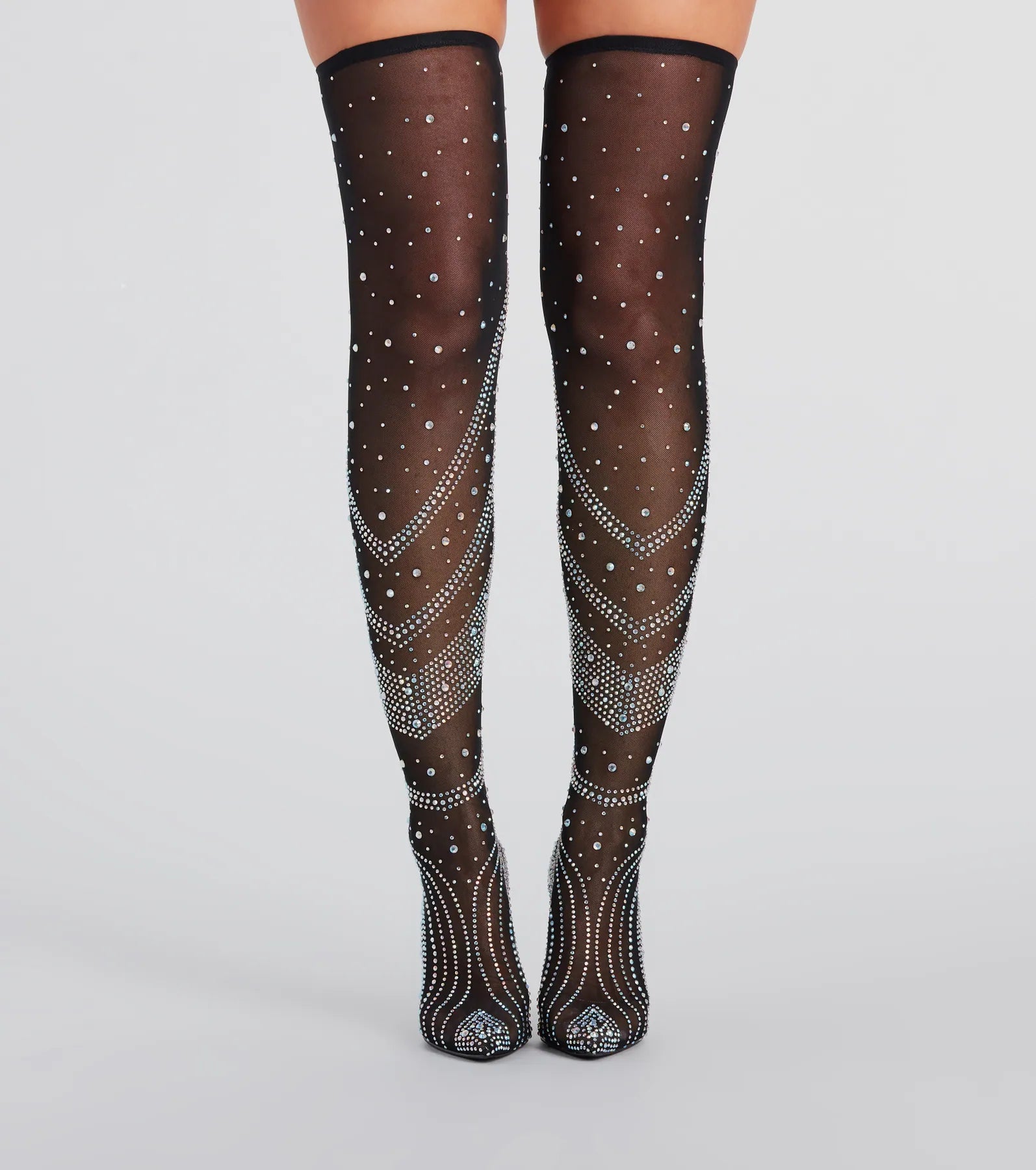 Unforgettable Slay Rhinestone Mesh Thigh-High Boots - Image 2