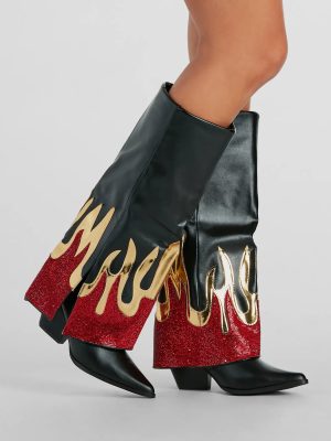 Too Hot To Handle Rhinestone Flame Fold-Over Boots