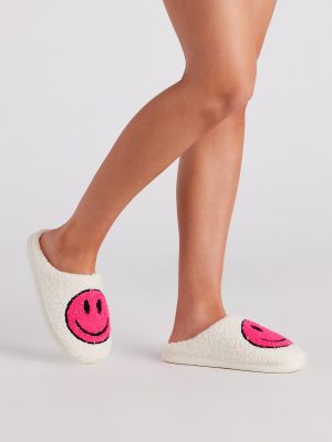 Be Happy Face Faux Sherpa Slippers